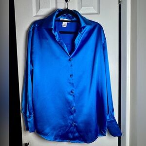 Caroline Constas Royal Blue Satin Button-Down Blouse | US S